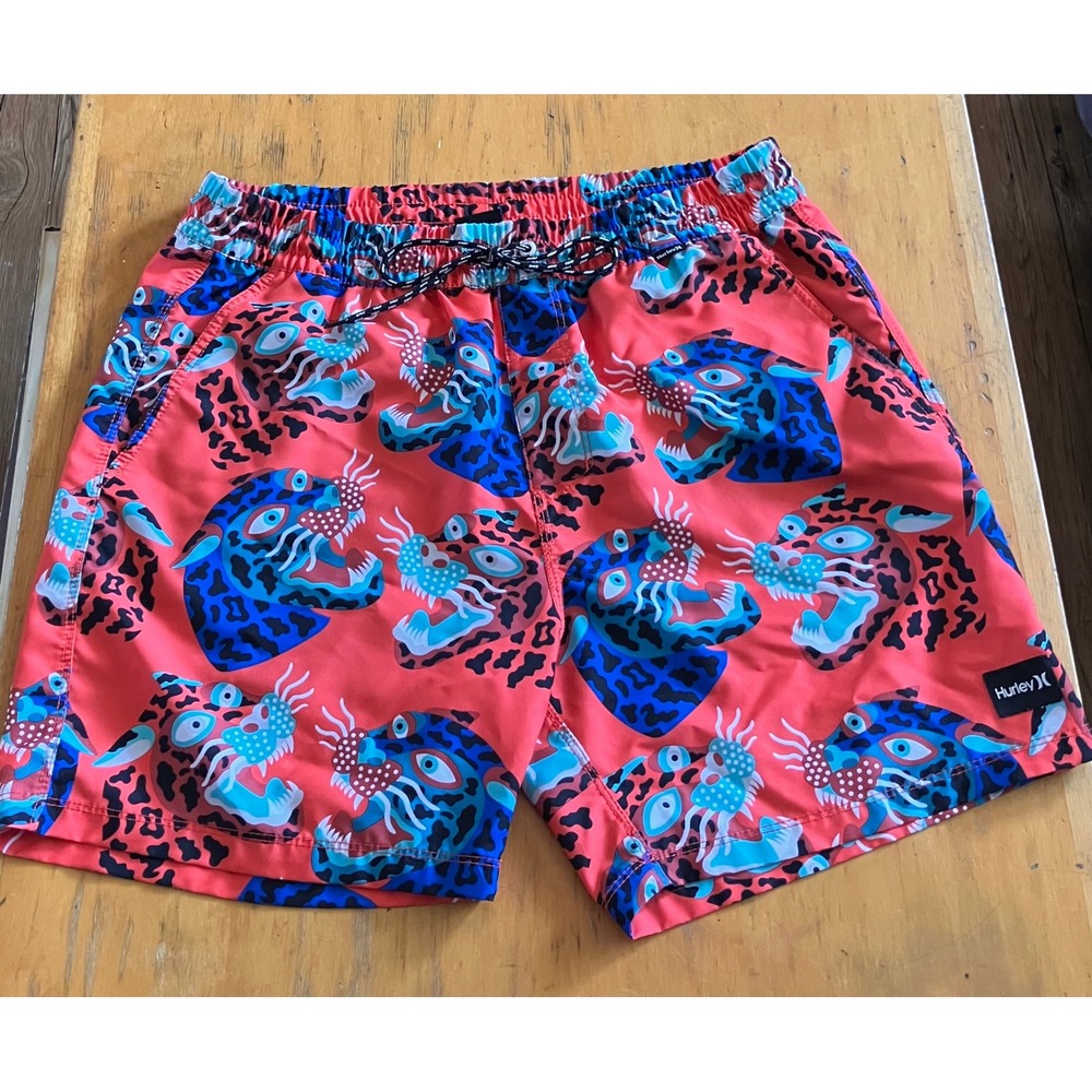 Hurley Swim Trunks Mens Medium Red Blue Tiger Leopard Print Shorts